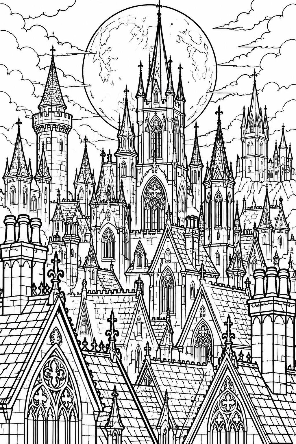 Black and white illustration of a gothic castle with many spires under a full moon.