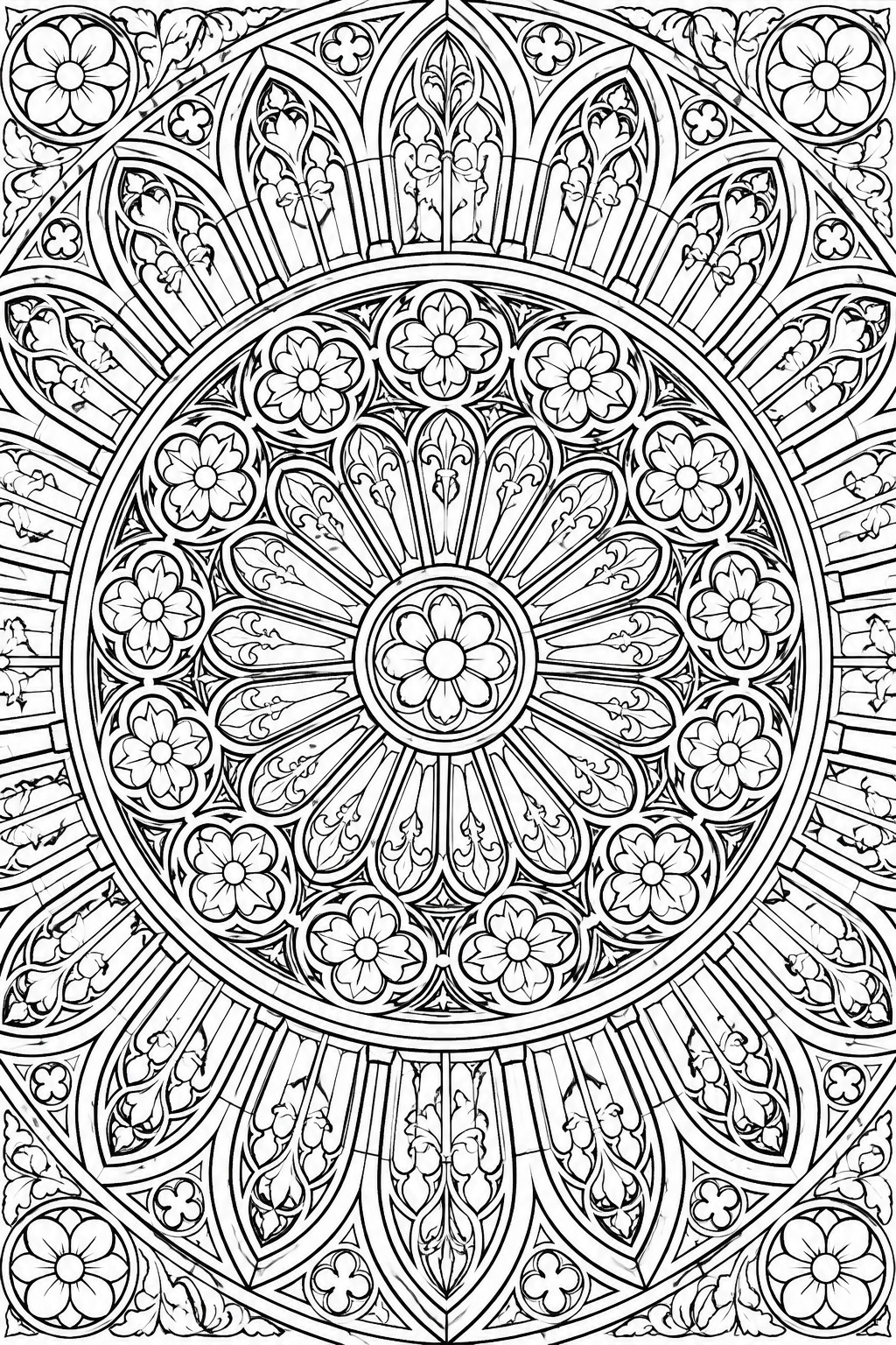 Intricate black and white circular mandala with floral motifs and gothic arches