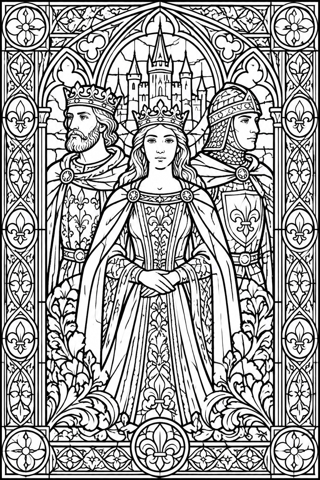 Black and white line art of a king, queen, and knight standing before a castle, arranged in a gothic stained glass window style with fleur de lis borders and floral details.