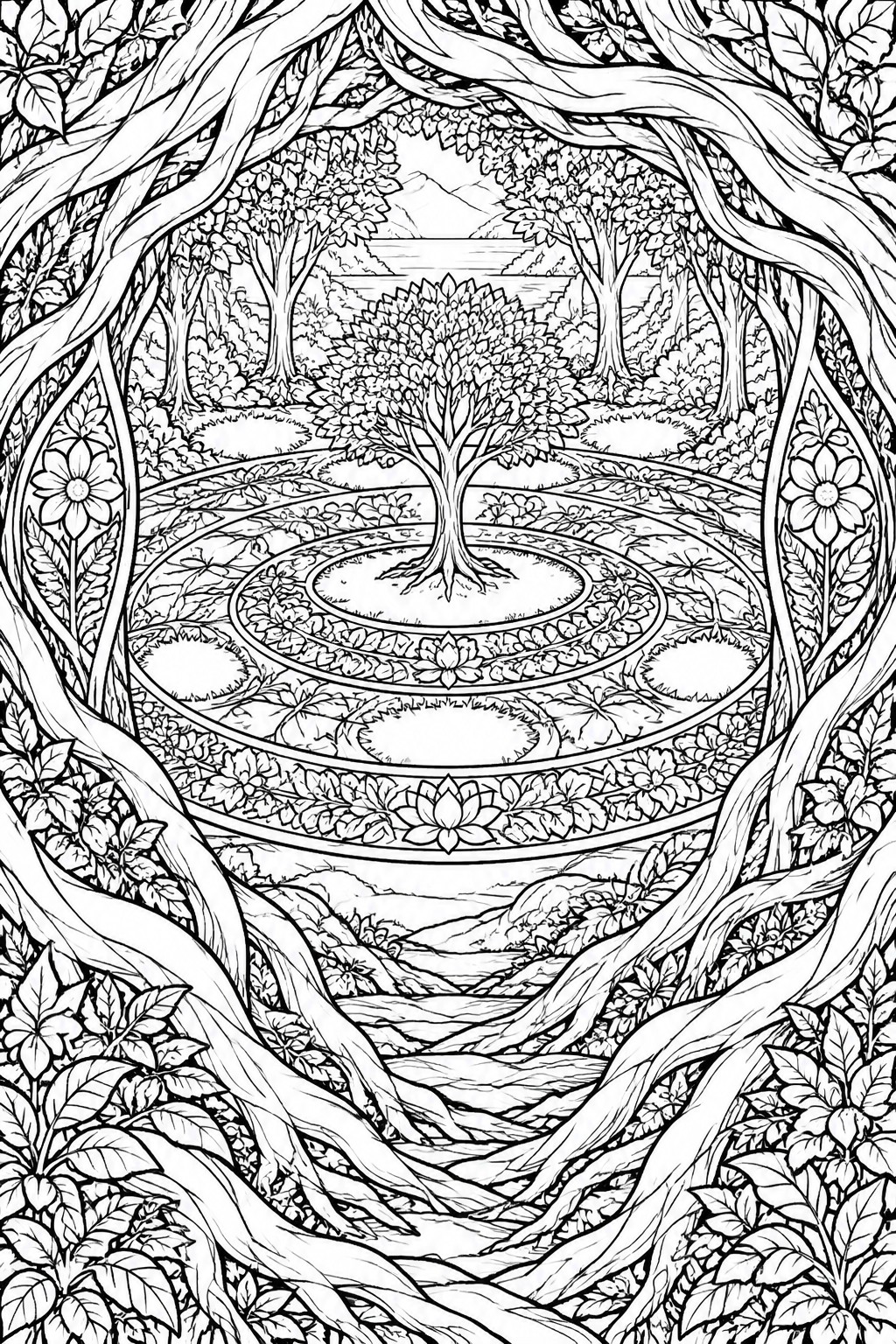 A black and white line drawing of a central tree inside multiple rings of leaves and flowers framed by forest vines and distant hills.