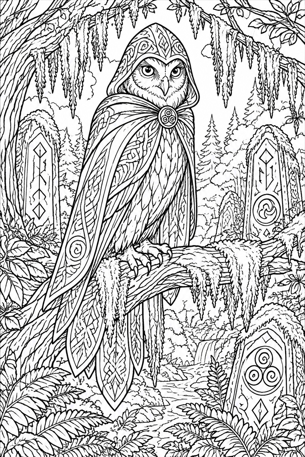 A black and white line art coloring page showing a hooded owl in a patterned cloak perched on a branch, surrounded by rune-covered stones and forest foliage.