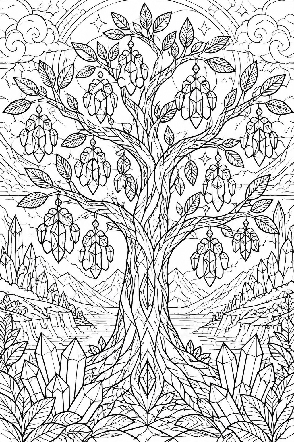 Intricate line art of a crystal-hung tree in a mountainous fantasy landscape