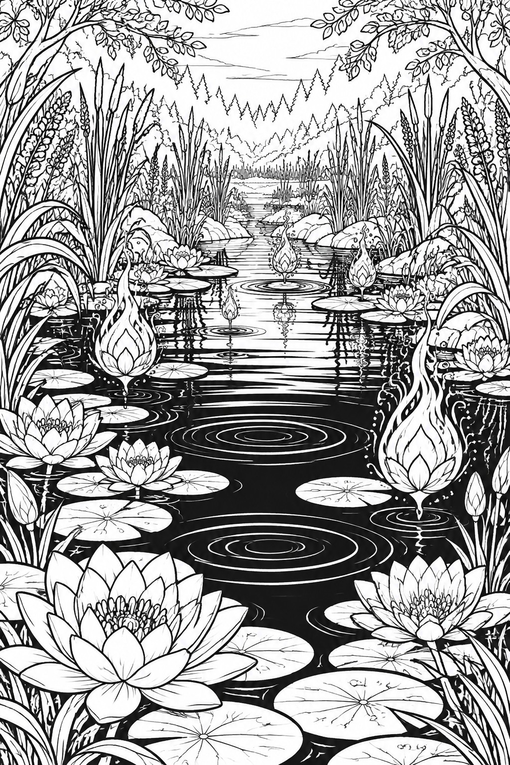 Black and white line art of a serene lotus pond with rippling water and reeds.