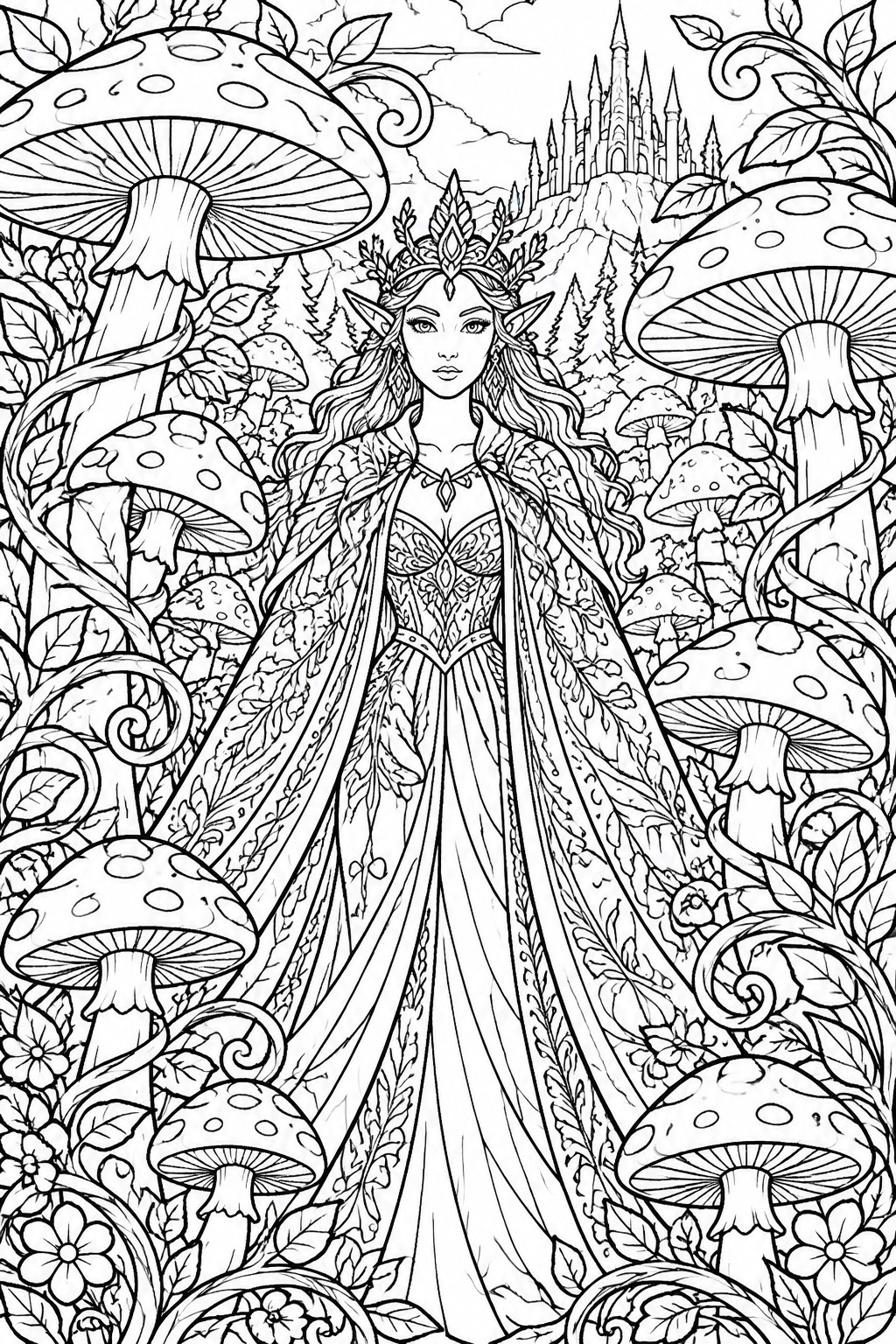 Elven queen in ornate gown amid giant mushrooms with hilltop castle.