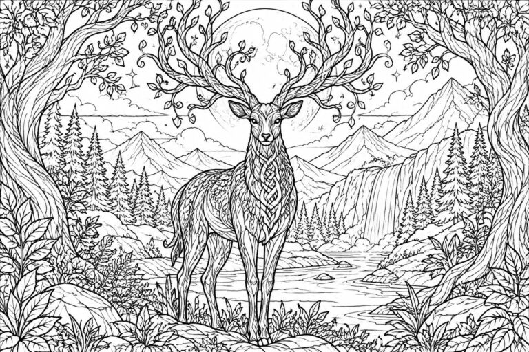 Intricate black-and-white line art of a deer with leafy antlers under a full moon.