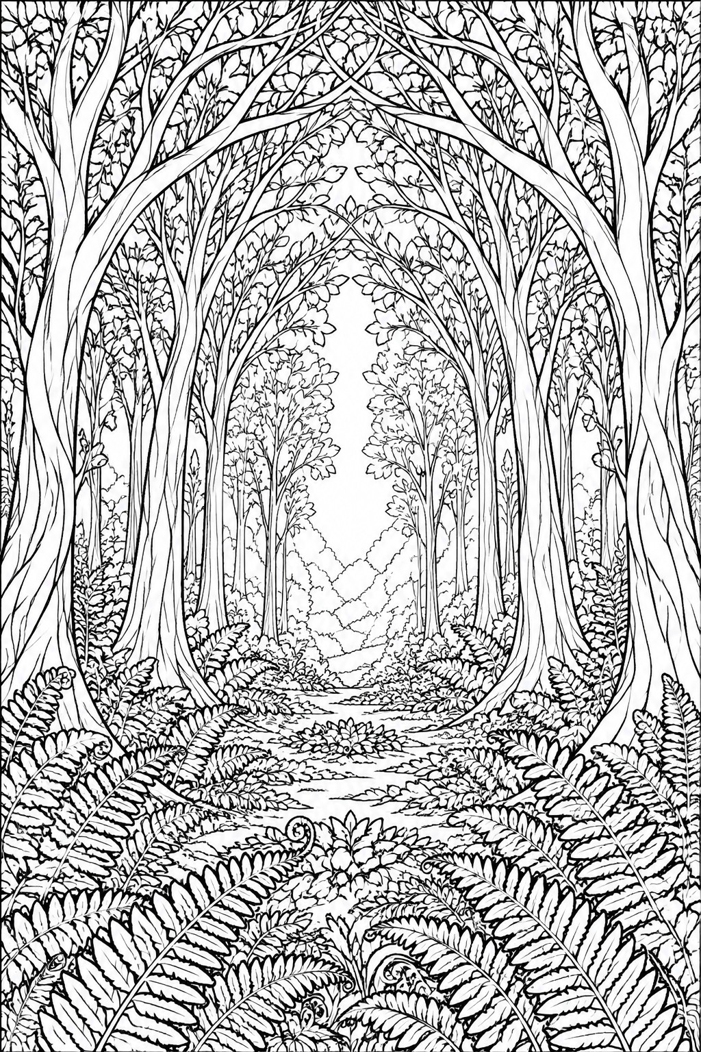 Detailed black and white line art of a fern-lined forest path under arched trees.