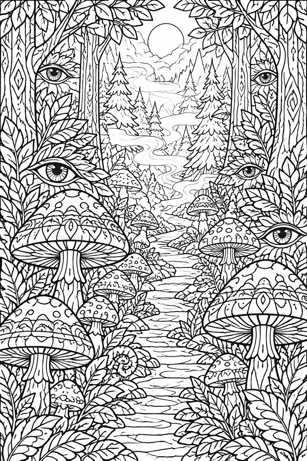 A black and white coloring page shows a forest path with large mushrooms, trees containing eyes in the leaves, a winding river, and mountains under a moon.