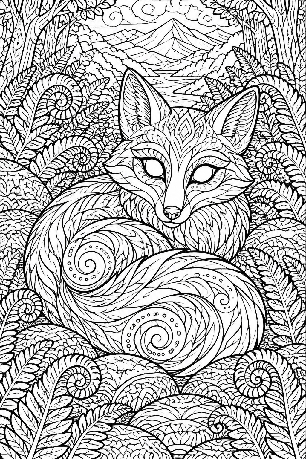 Ornate line art of a curled fox with swirling patterns amid ferns and mountains.