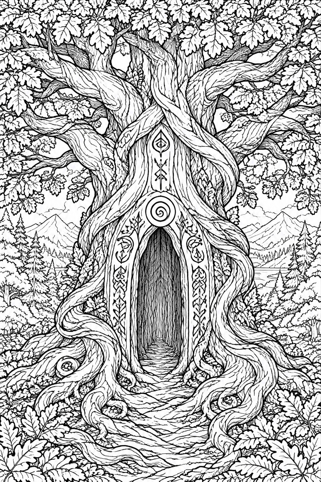 A black and white line drawing of a massive tree with an arched doorway at the base, intricate symbols on the trunk, sprawling roots, and a forest with mountains behind it.