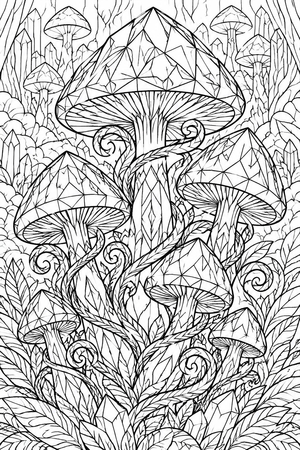 Intricate black-and-white line art of faceted mushrooms amid crystals and swirling vines.