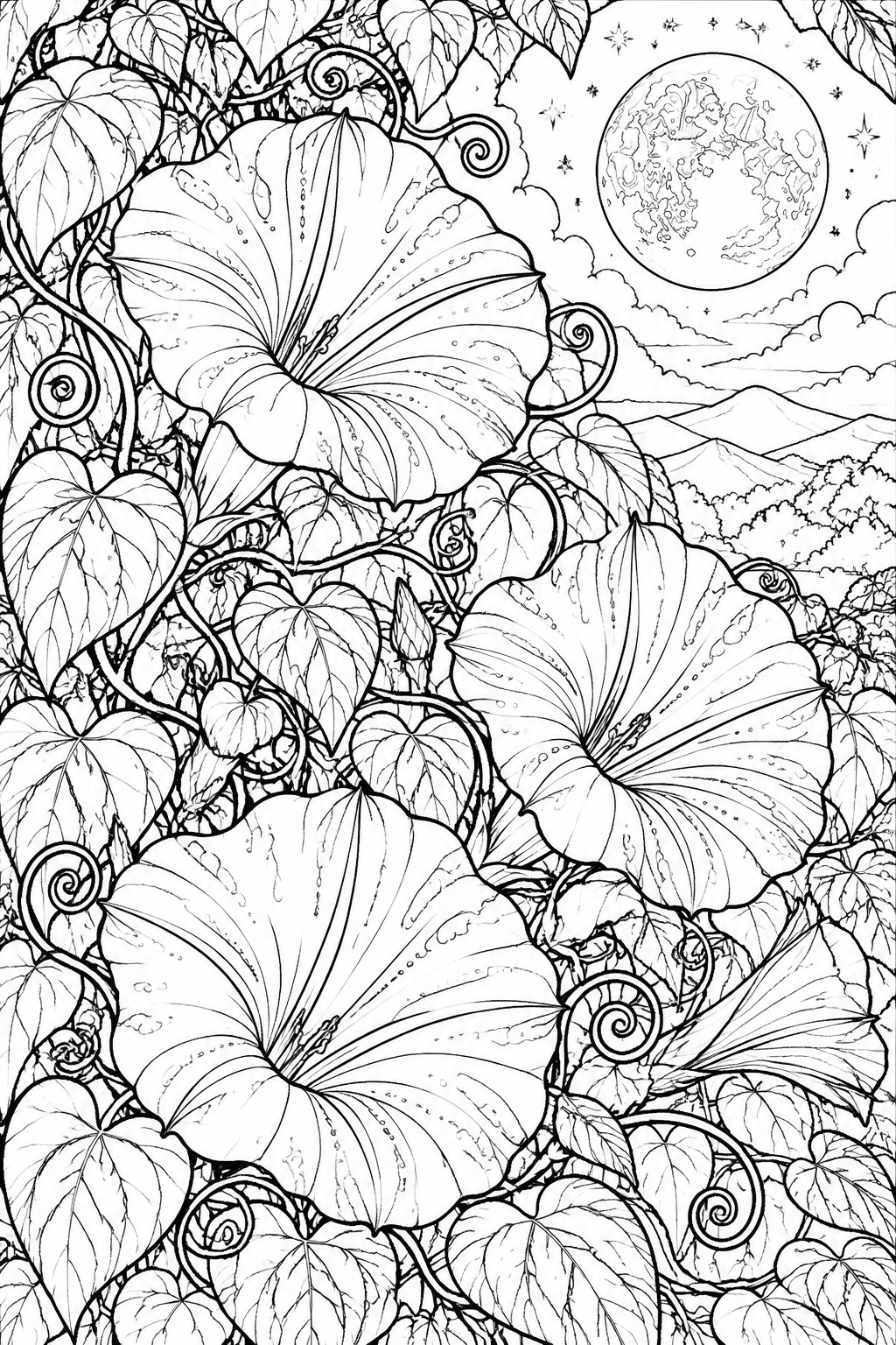 Line art of large flowers and vines under full moon with mountains and stars.
