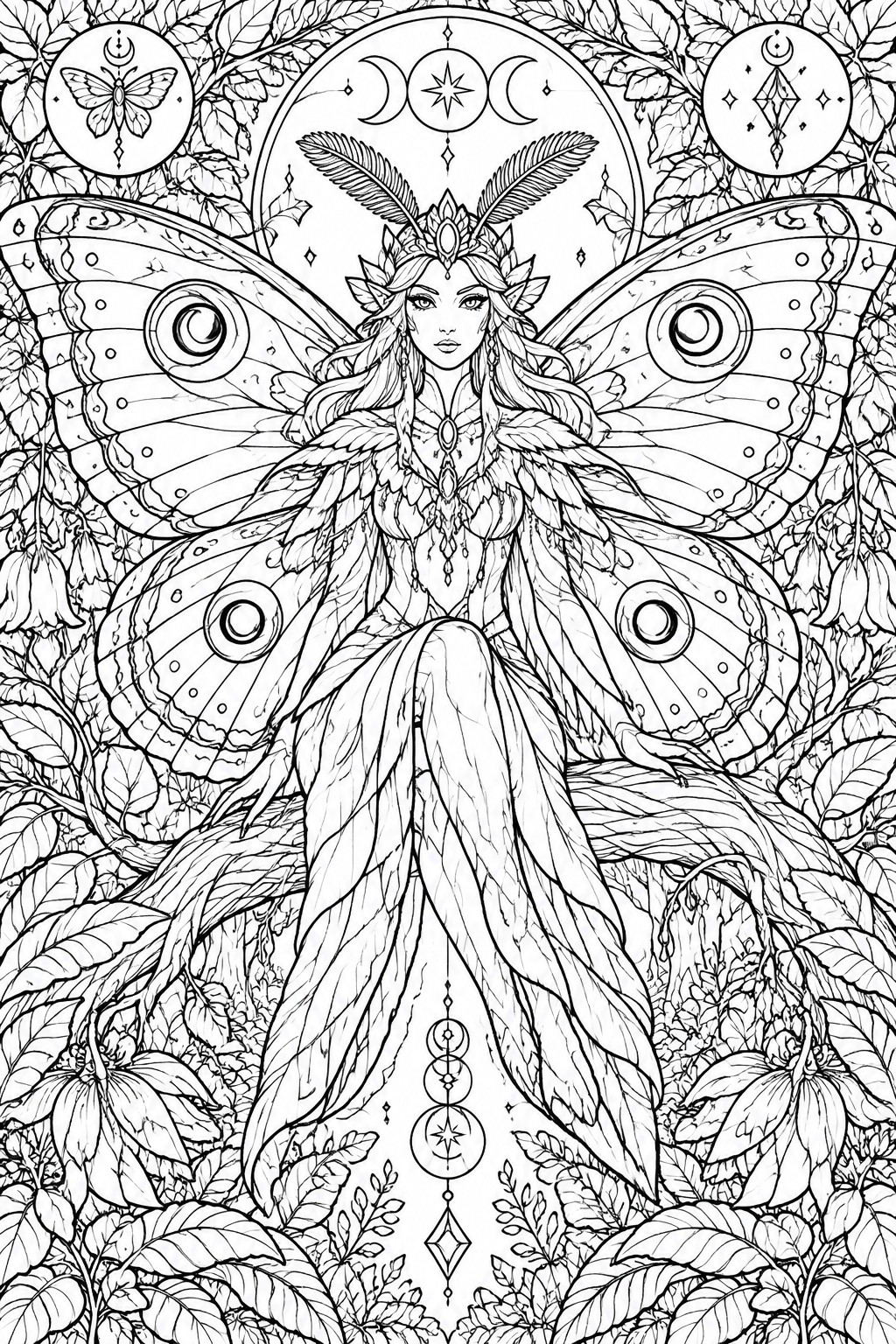 Butterfly-winged fairy with leafy gown and crown amid moons, stars, and foliage