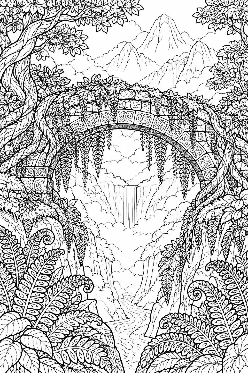 A black and white line drawing of a vine-covered stone arch framing a waterfall and mountains with dense forest foliage in the foreground.