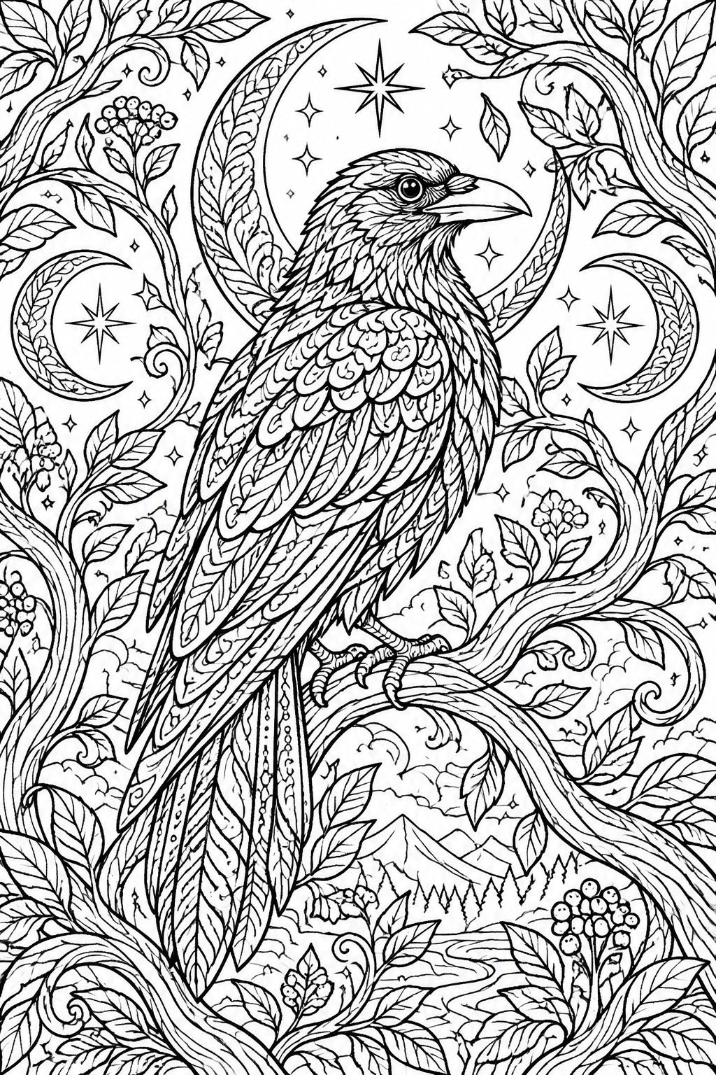 Ornate black-and-white line art of a raven perched amid crescent moons and foliage