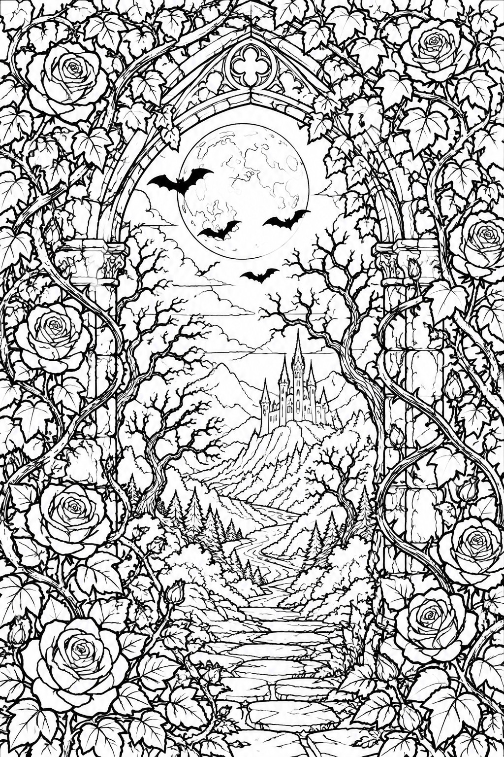 Gothic rose arch framing bats, full moon, and distant castle in line art landscape