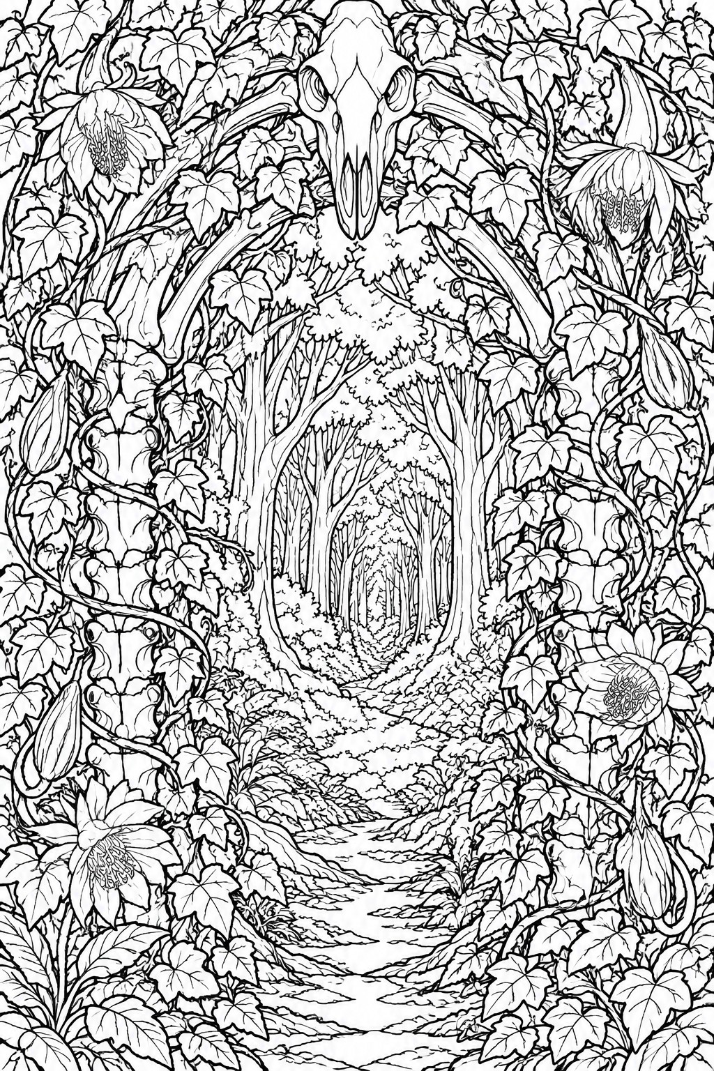 Line drawing of a leafy forest path with a large skull arching over the entrance.