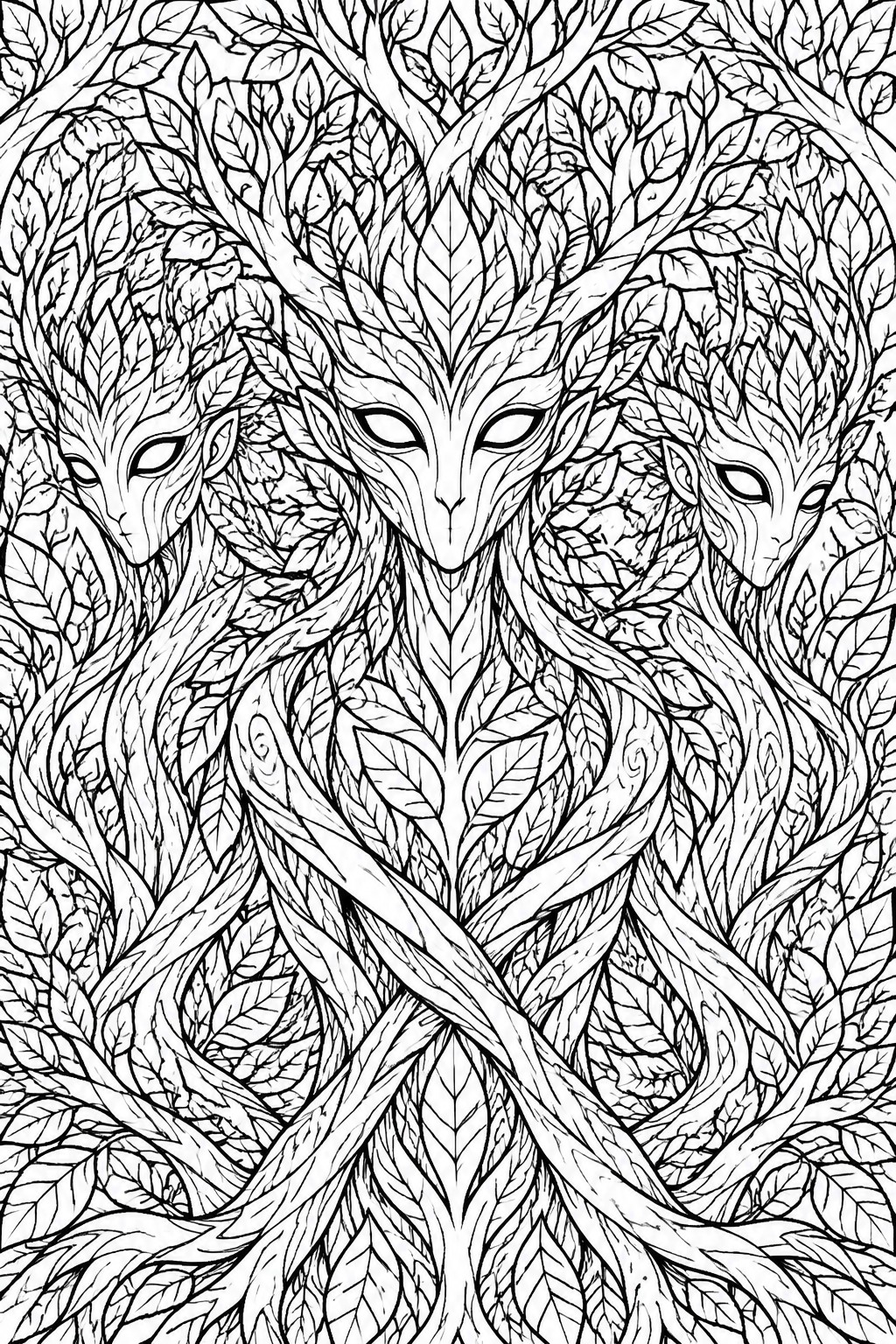 Intricate black and white line art of a leafy forest spirit with three animal faces