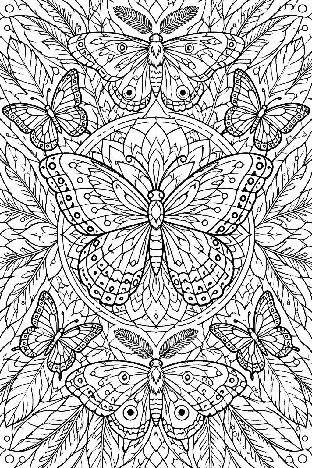 Black and white mandala coloring page with several butterflies, leaves, and feathers arranged around a central circular motif.