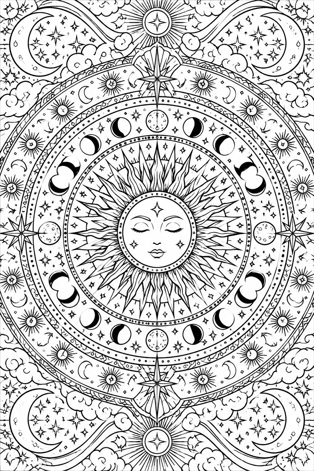 Intricate black-and-white celestial mandala with central sun face, moon phases, stars, and clouds.