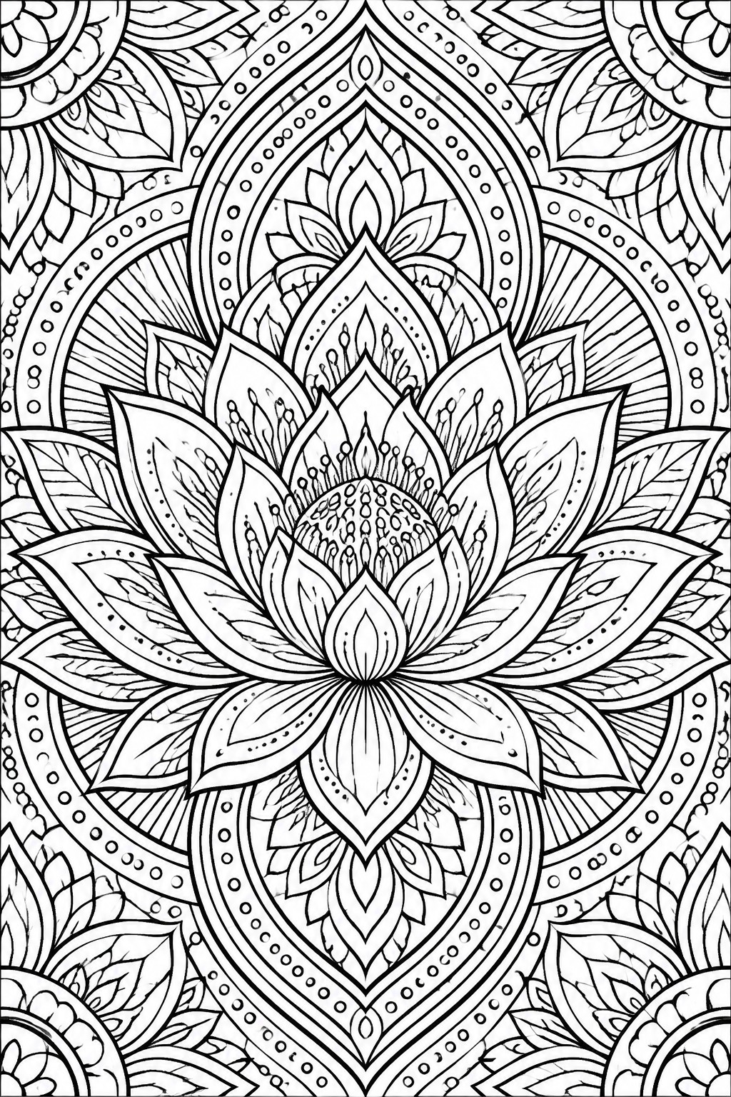 Intricate black and white mandala with central lotus flower and surrounding patterns
