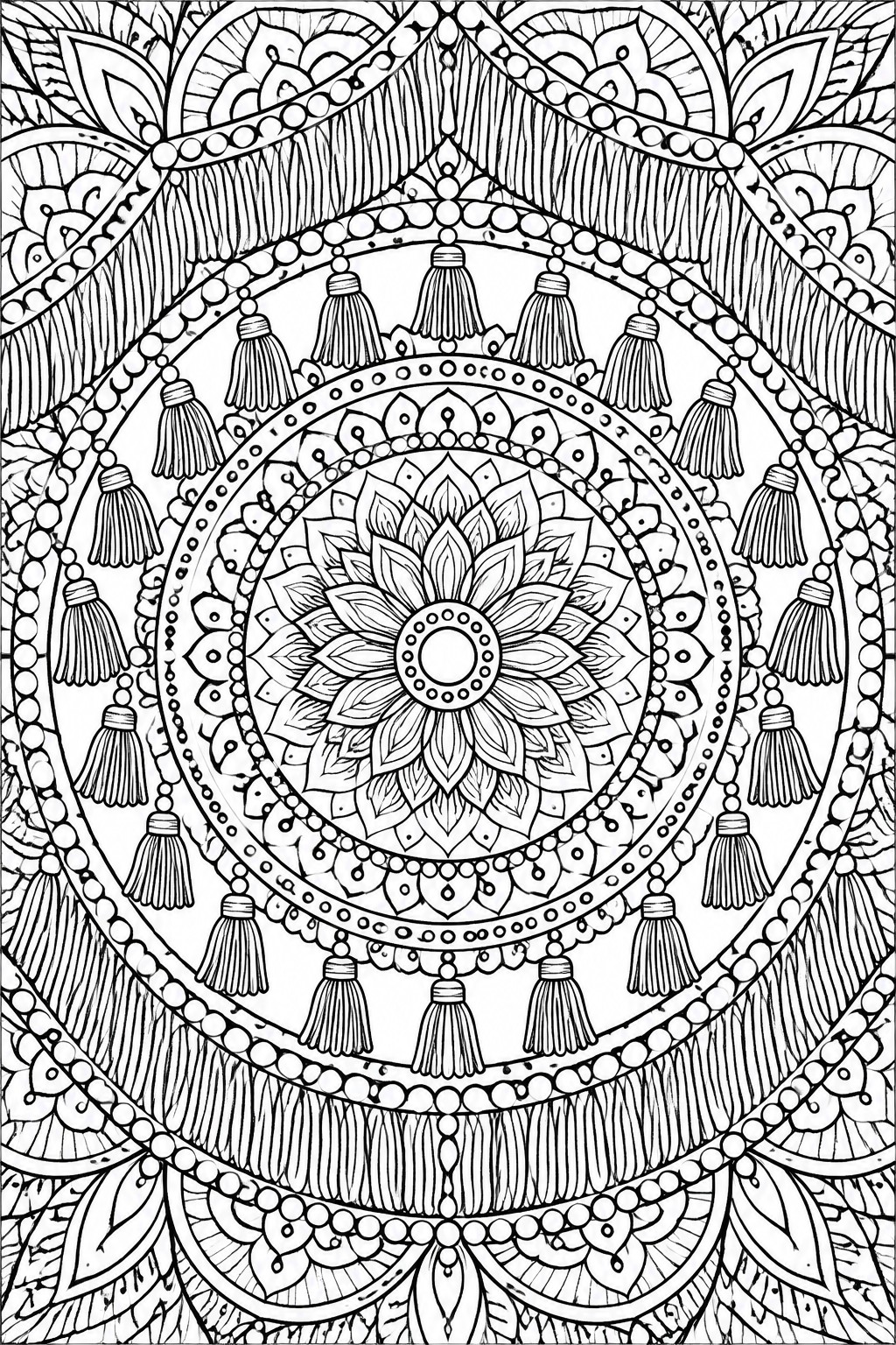 Intricate black-and-white mandala with central flower, hanging tassels, beads, and ornate borders
