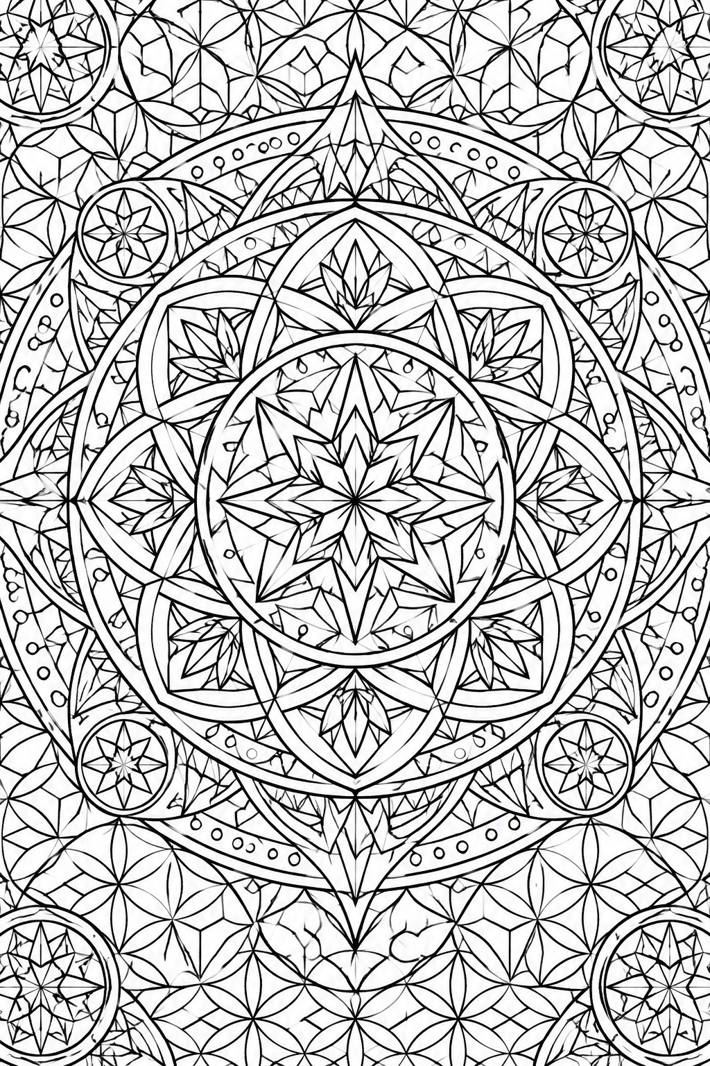 Intricate black-and-white mandala with layered stars, leaves, and geometric patterns
