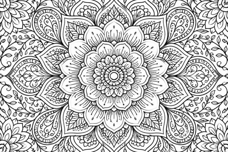 18 Therapeutic Mandala Coloring Pages for Quiet Creative Breaks Intricate black-and-white mandala with symmetrical floral patterns, leaves, and petal details.
