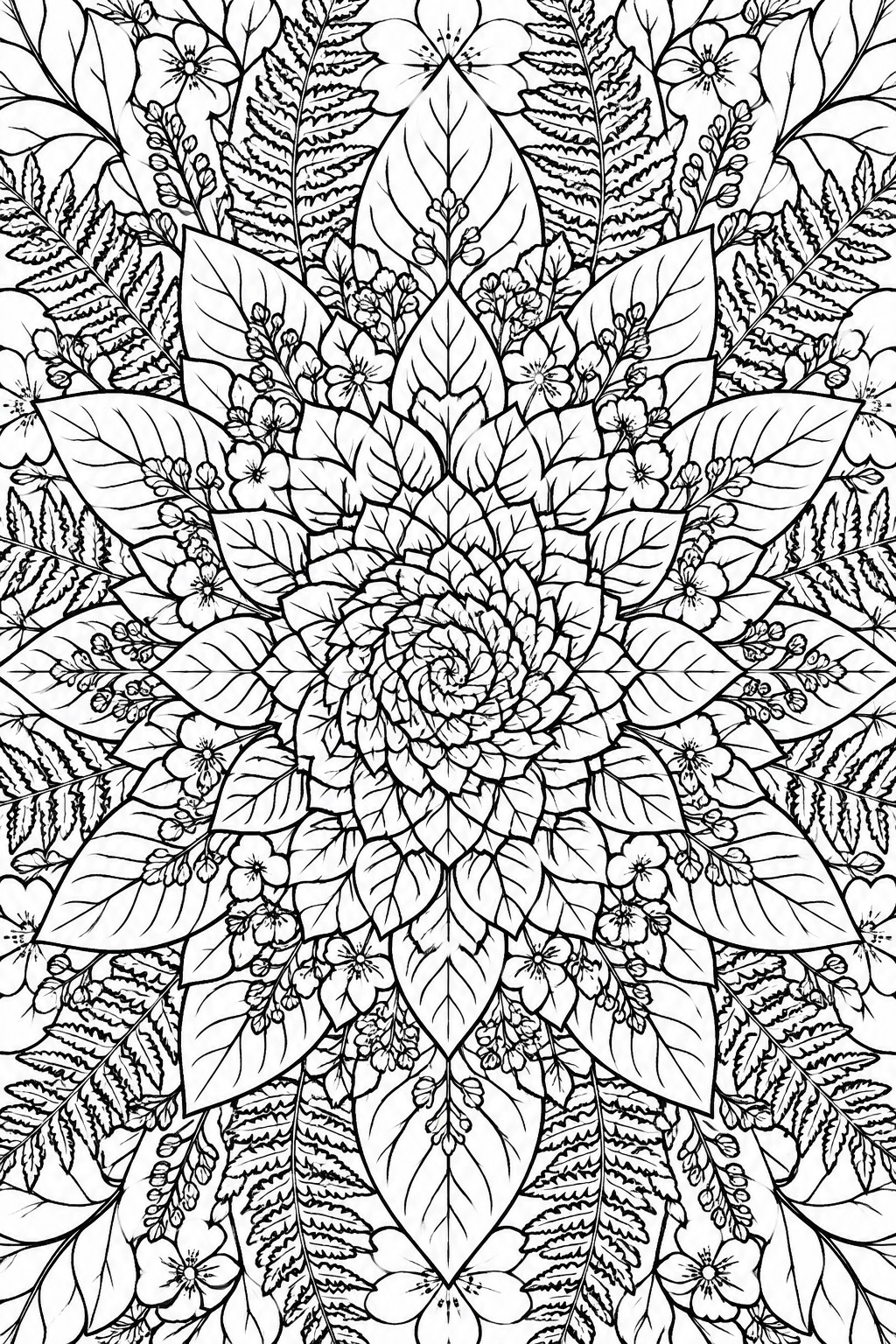 A black and white mandala coloring page featuring a central spiral flower ringed by layered leaves, small flowers, ferns, and berry clusters in perfect radial symmetry.