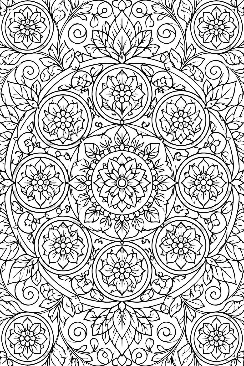 Intricate black-and-white mandala with layered floral circles, leaves, and swirls.