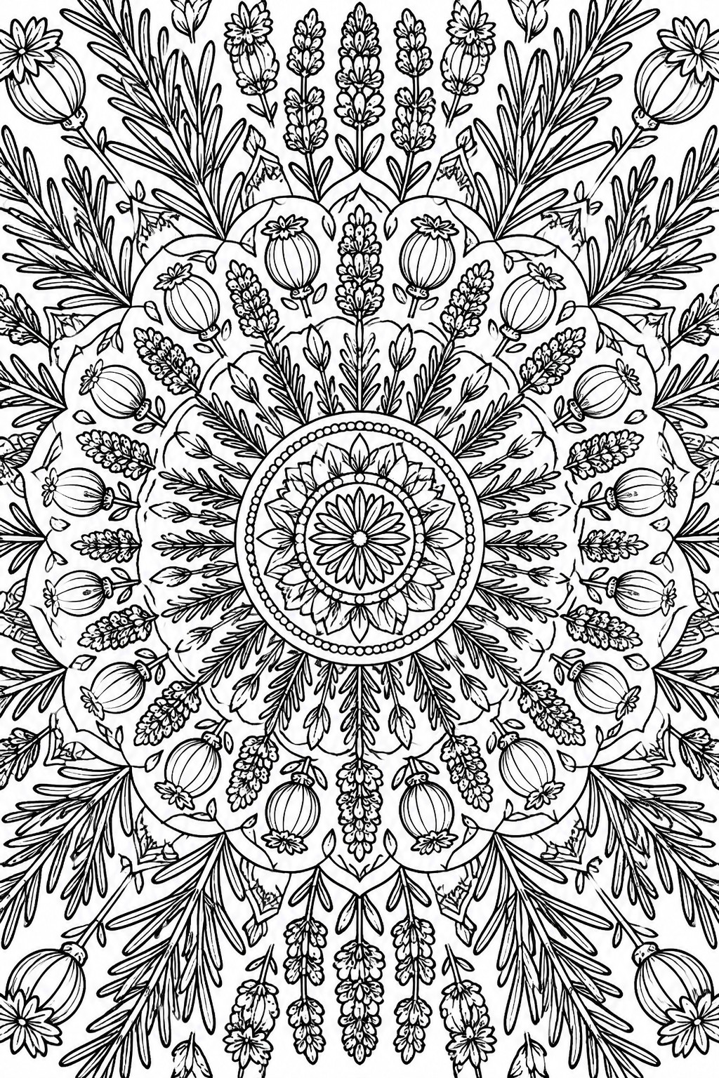 Intricate black-and-white mandala with symmetrical flowers, leaves, and seed pods.