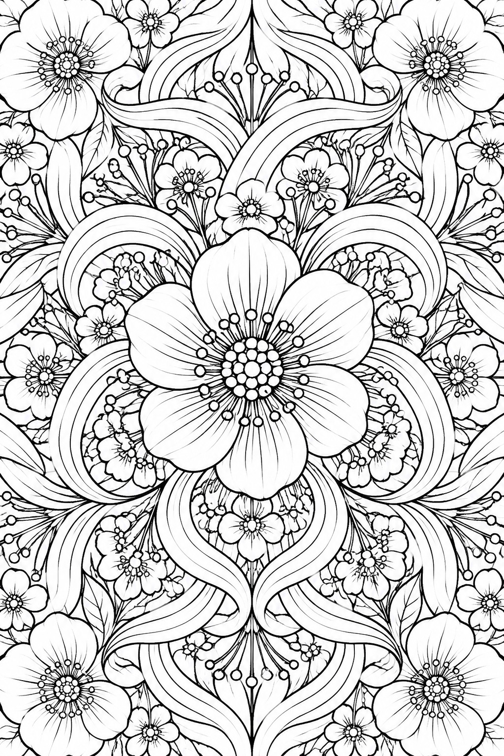 Intricate black-and-white floral mandala with central bloom, smaller flowers, and swirling leaves