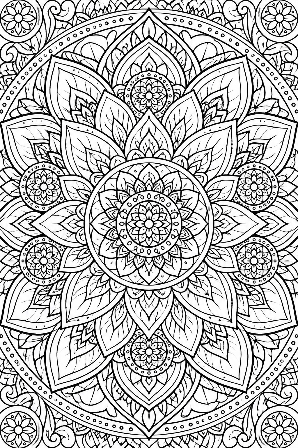 Intricate black-and-white mandala with layered floral petals and geometric patterns.