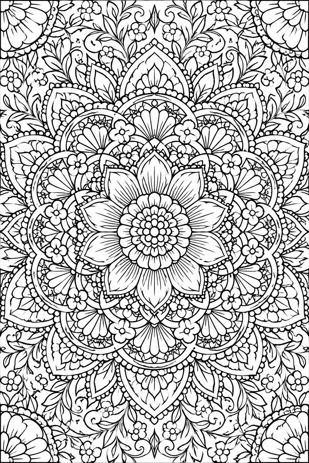 Intricate black-and-white mandala with floral patterns, leaves, and symmetrical geometric designs.