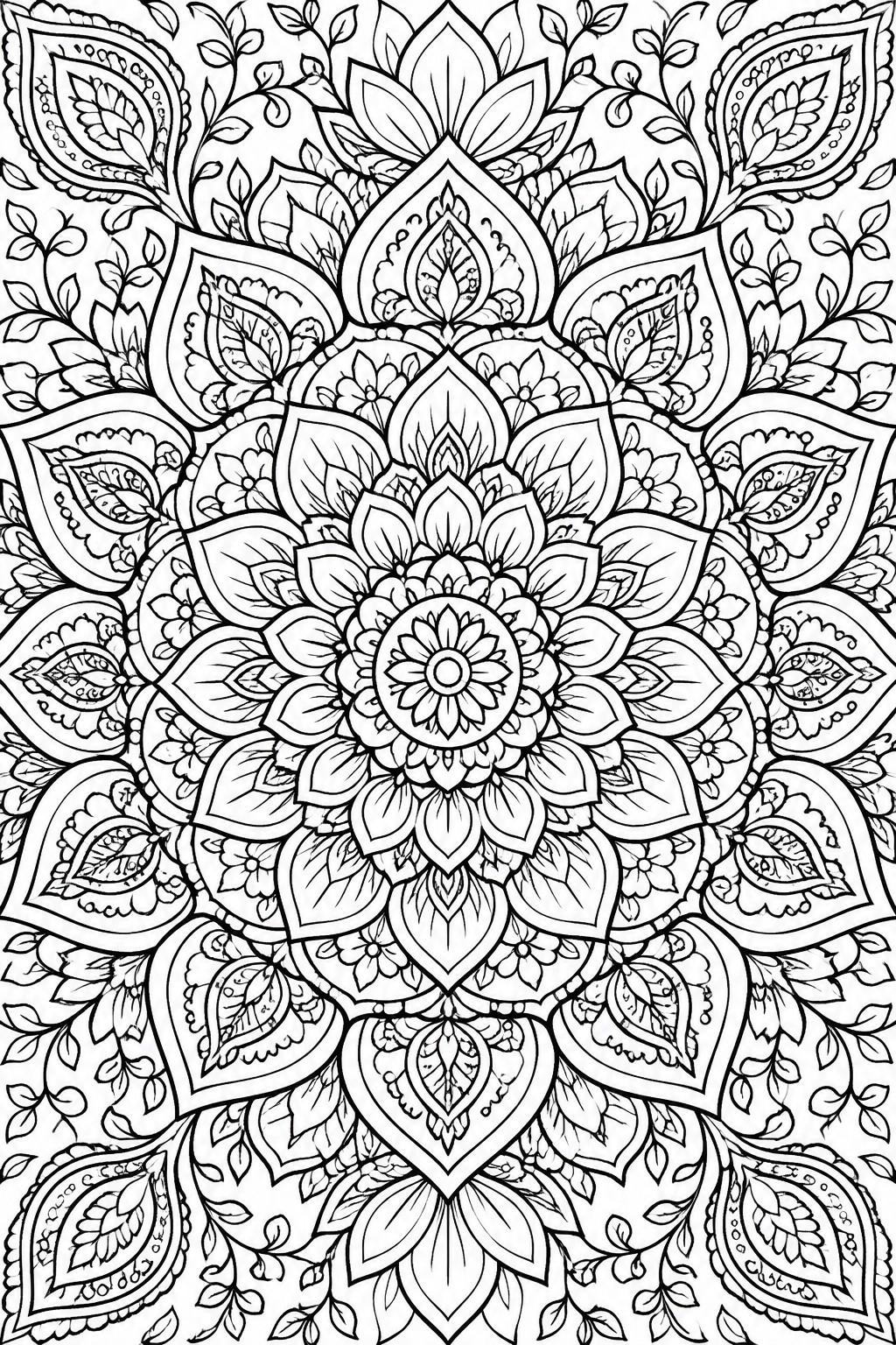 Intricate black-and-white mandala with symmetrical floral patterns, leaves, and petal details.