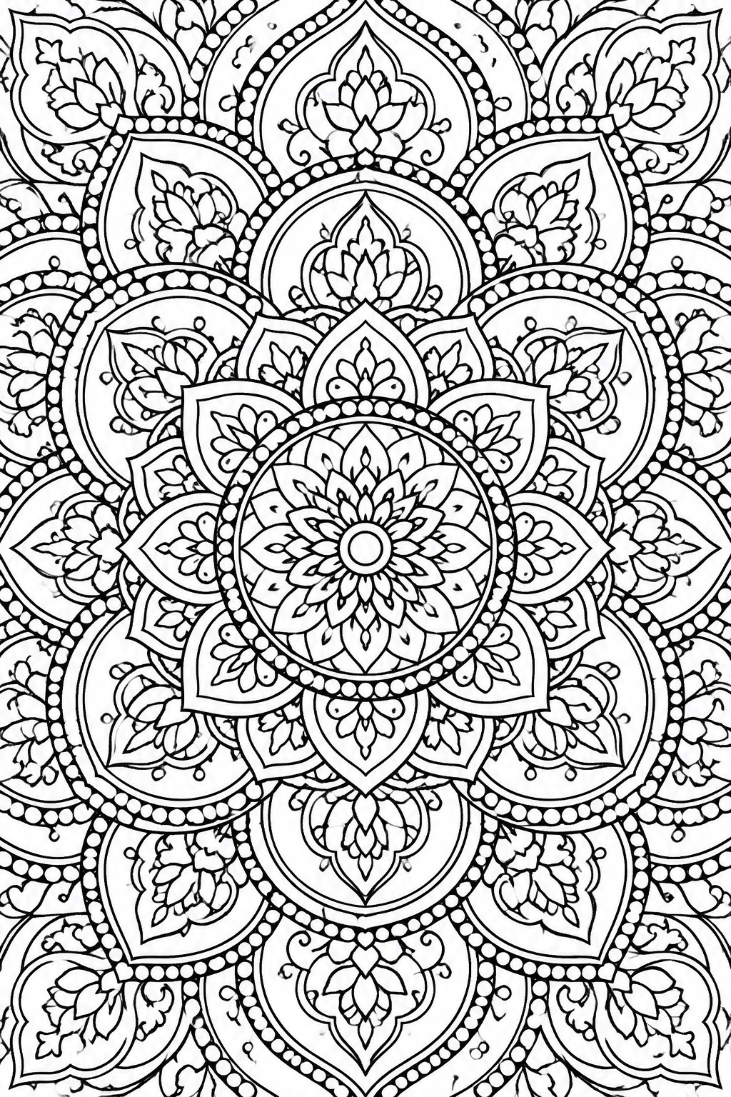Intricate black and white mandala with floral patterns, petals, and dotted circular borders.