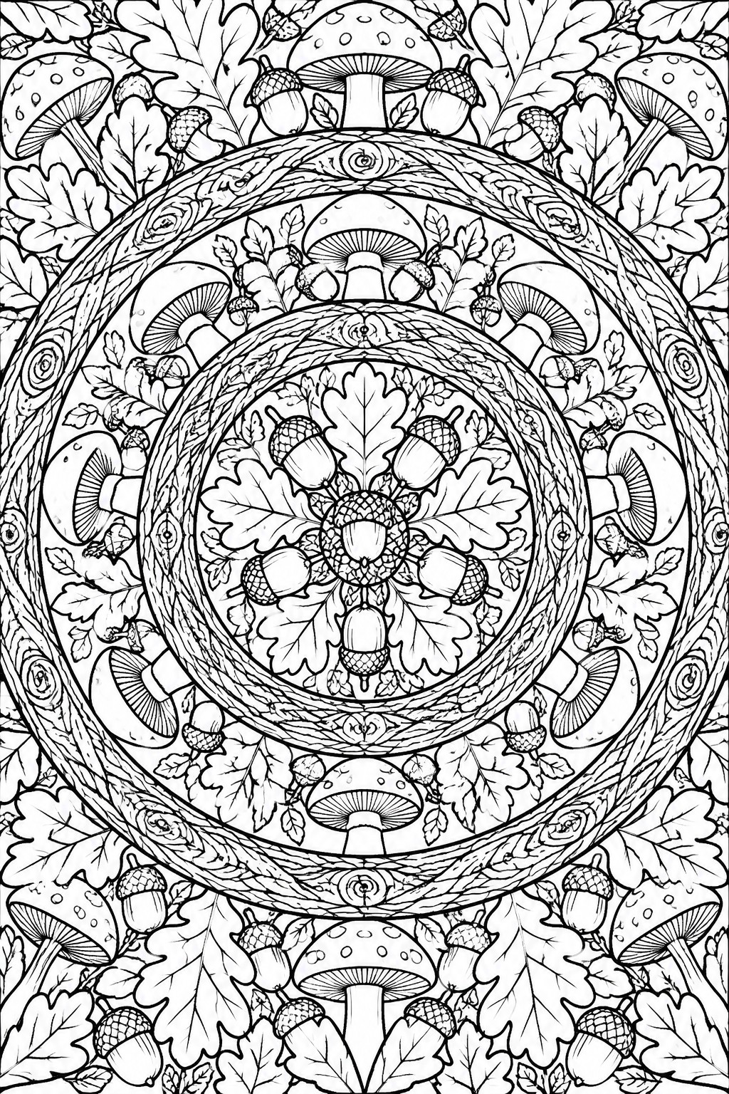 Black and white mandala with mushrooms, acorns, and oak leaves in concentric circles.