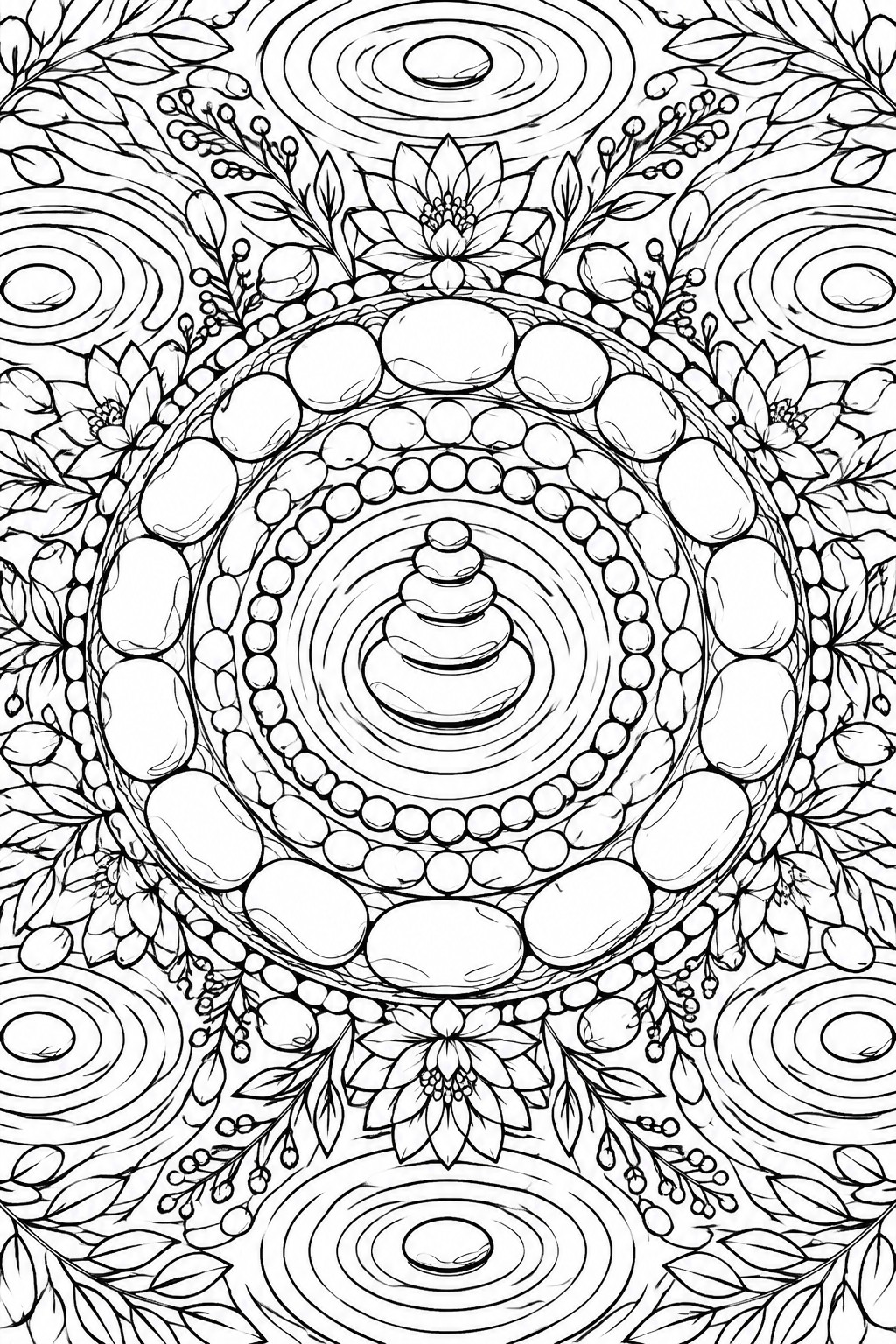 Intricate black-and-white mandala with stacked stones, lotus flowers, and leafy branches