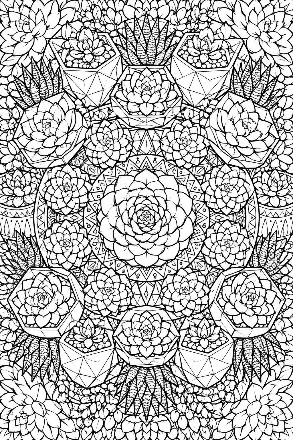 A black and white mandala coloring page showing succulents and cacti inside geometric hexagonal pots arranged in symmetrical rings around a central rosette.