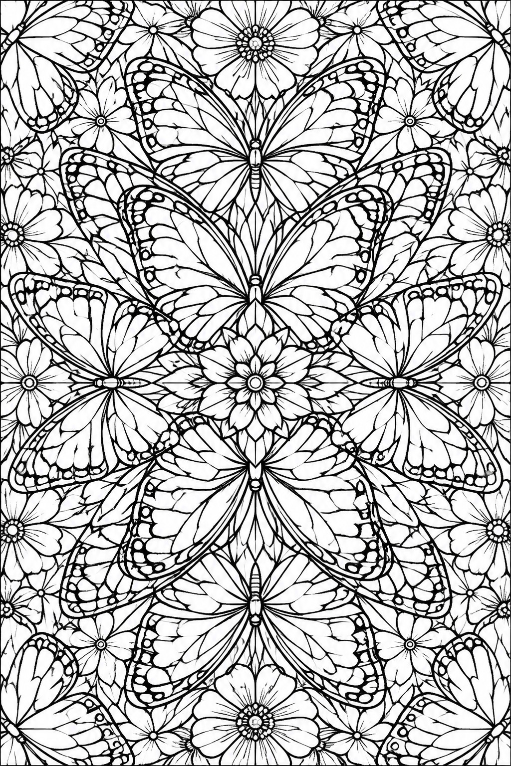 A black and white mandala coloring page filled with symmetrical butterflies and flowers in intricate line art.