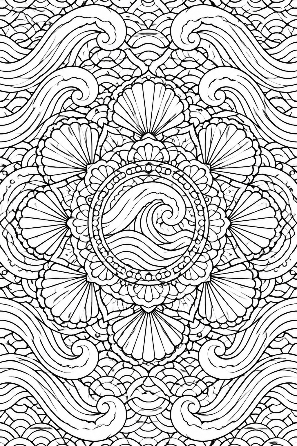 Intricate black and white mandala with swirling waves, spirals, and shell patterns