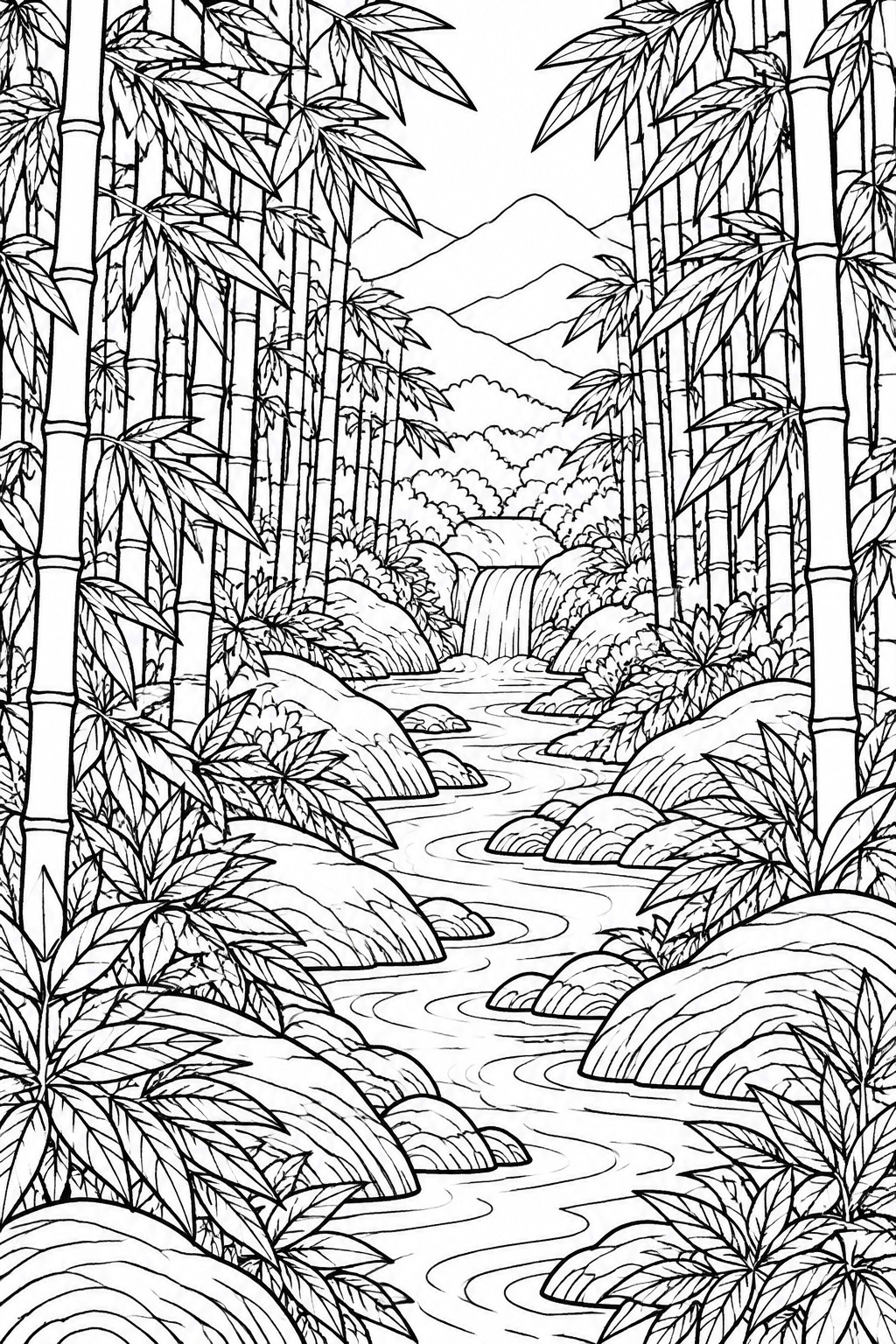 Black and white line drawing of bamboo forest with winding river, waterfall, and mountains.