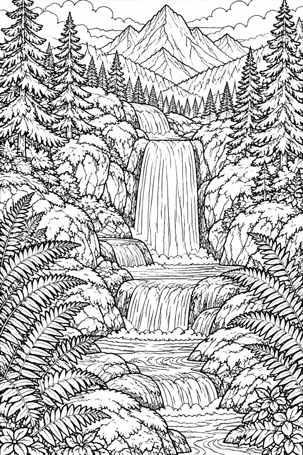 Black-and-white line drawing of cascading waterfall amid mountains, pine trees and ferns.