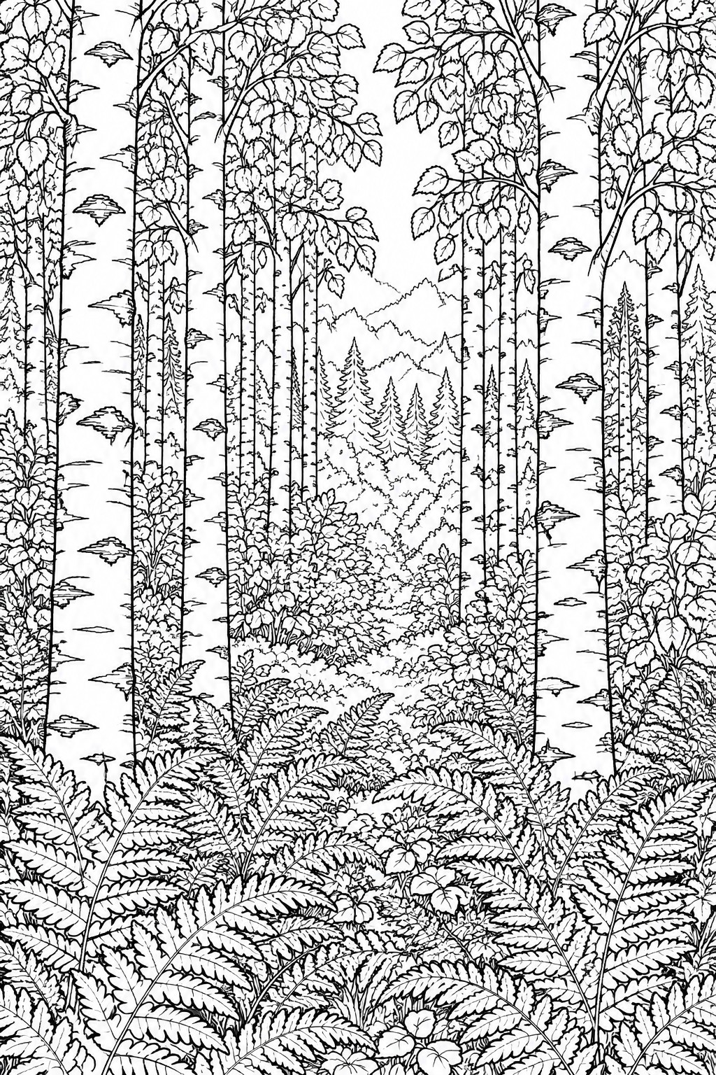 Detailed black-and-white line drawing of a forest path with ferns and distant mountains.