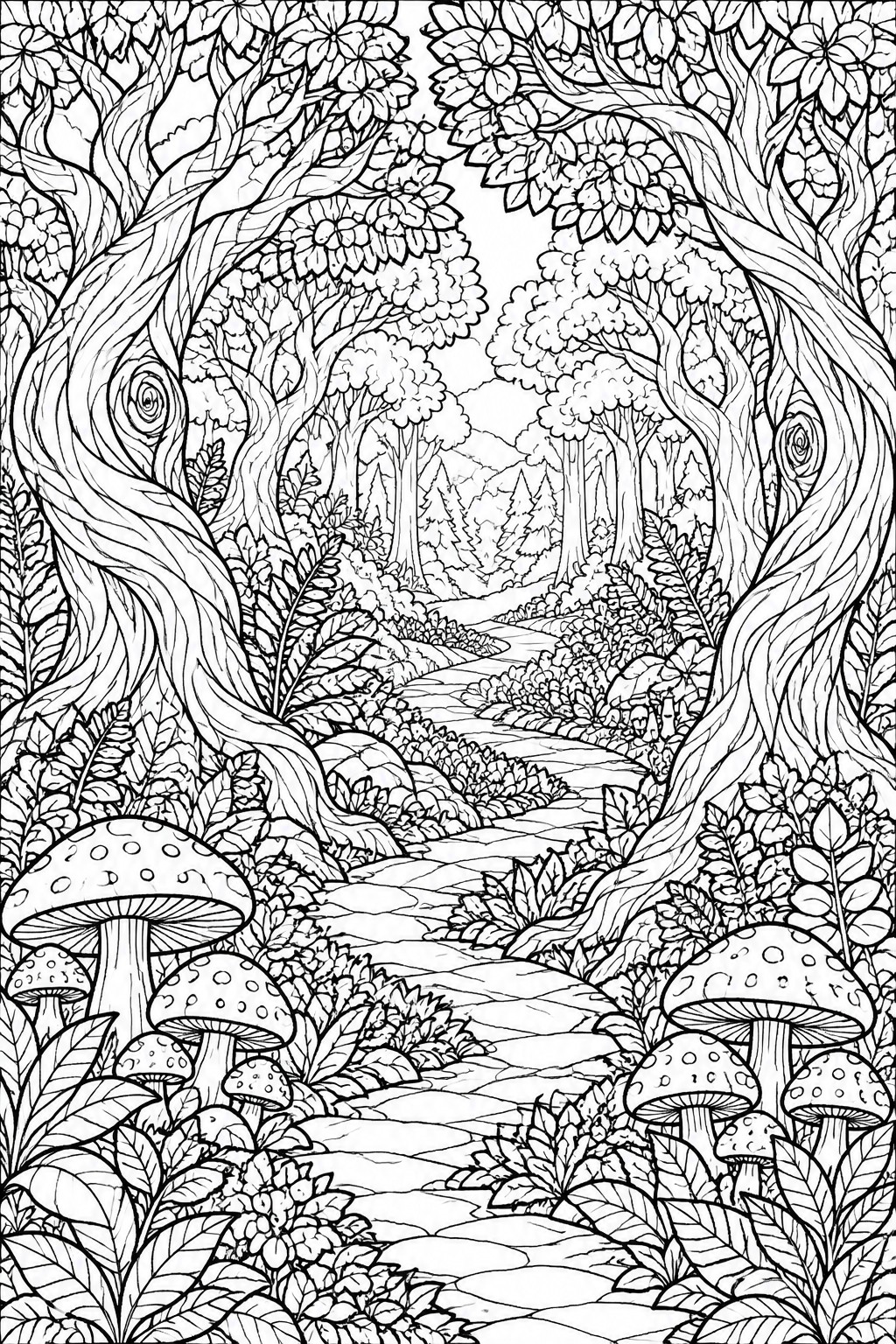 Detailed black and white line art of winding forest path with twisted trees and mushrooms