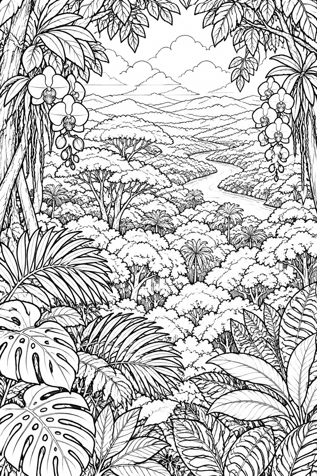 A black and white line drawing of a jungle landscape with a winding river, mountains, trees, orchids, and large foreground leaves.