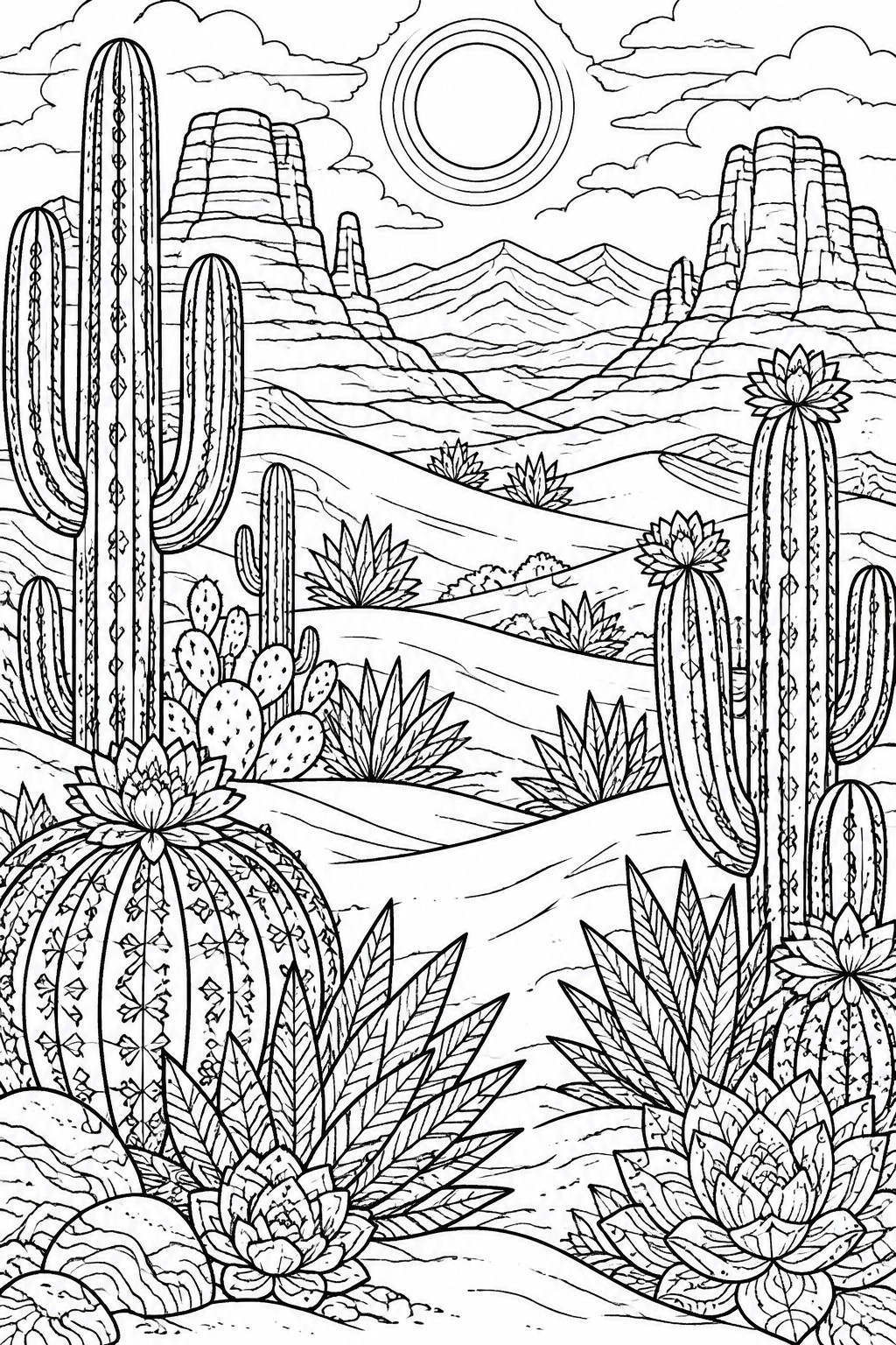 Black-and-white line art of desert landscape with cacti, succulents, mountains and sun