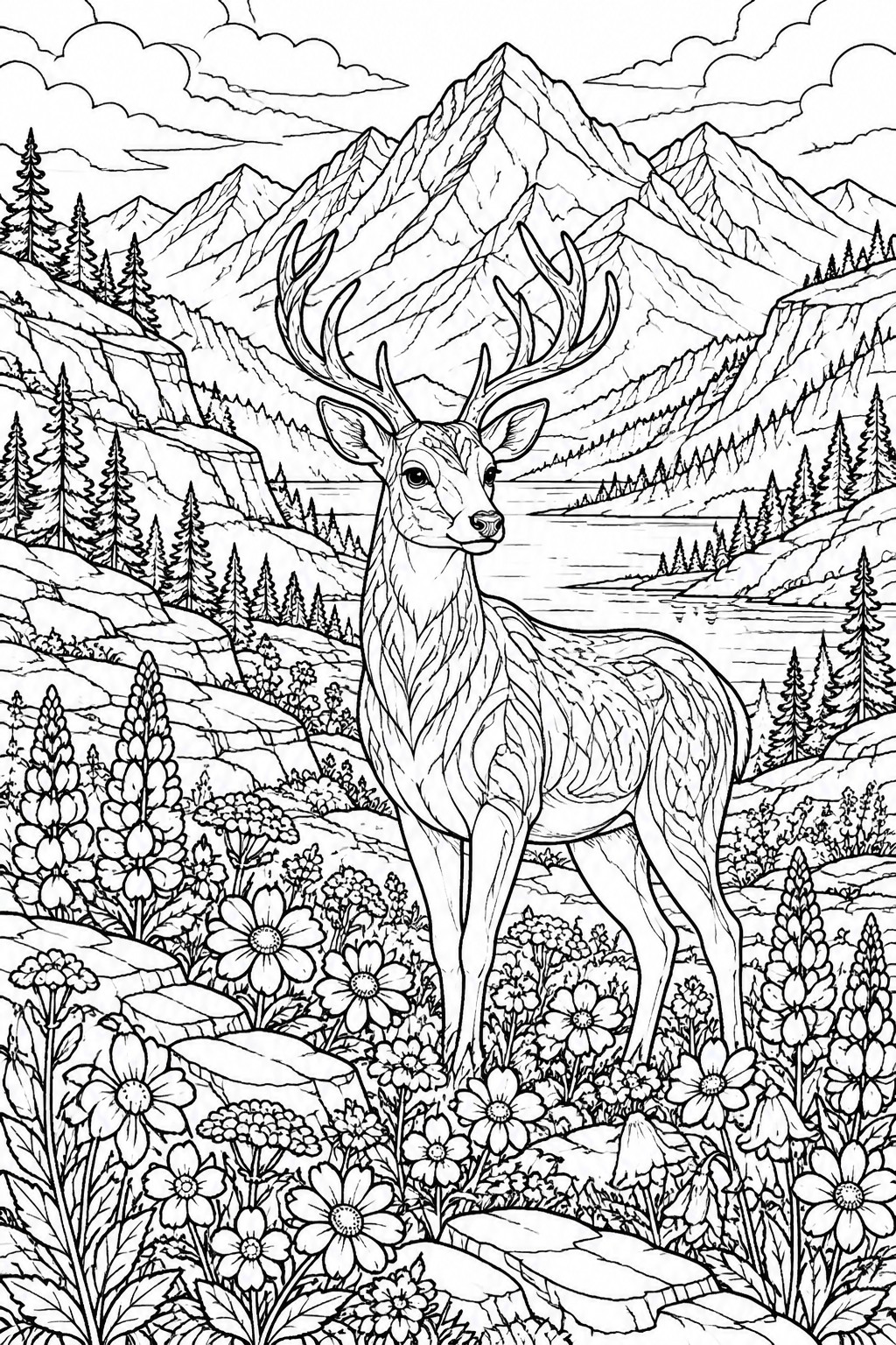 A black and white line drawing of a deer with large antlers standing in a mountainous landscape filled with flowers, trees, and a lake.