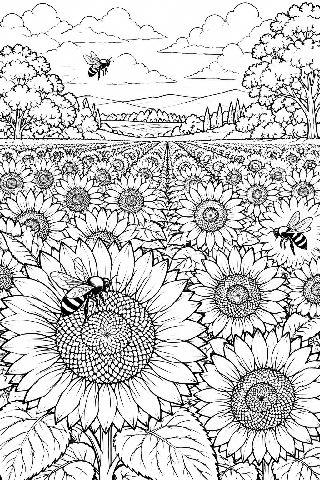 Black-and-white line drawing of bees amid sunflowers in a vast field with hills