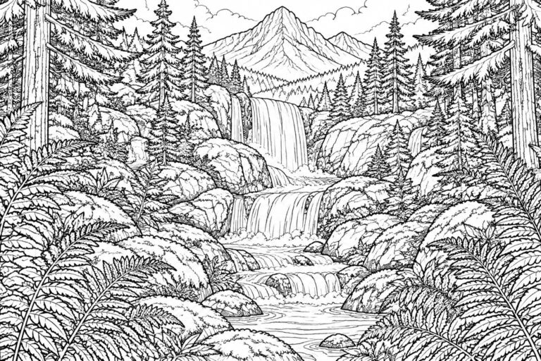 Black-and-white line drawing of cascading waterfall amid mountains, pine trees and ferns.