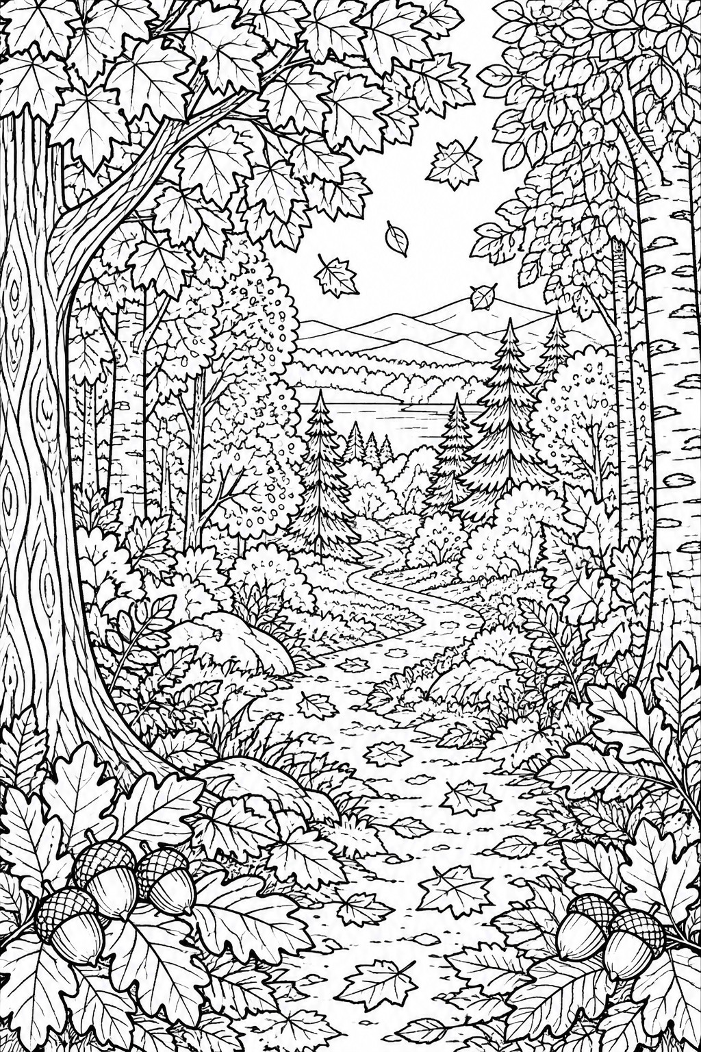 Coloring page of woodland path with trees, acorns, and falling leaves